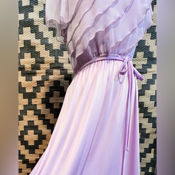 VINTAGE waterfall ruffle dress formal gown chiffon lavender 60s 70s mid century - Picture 8 of 15